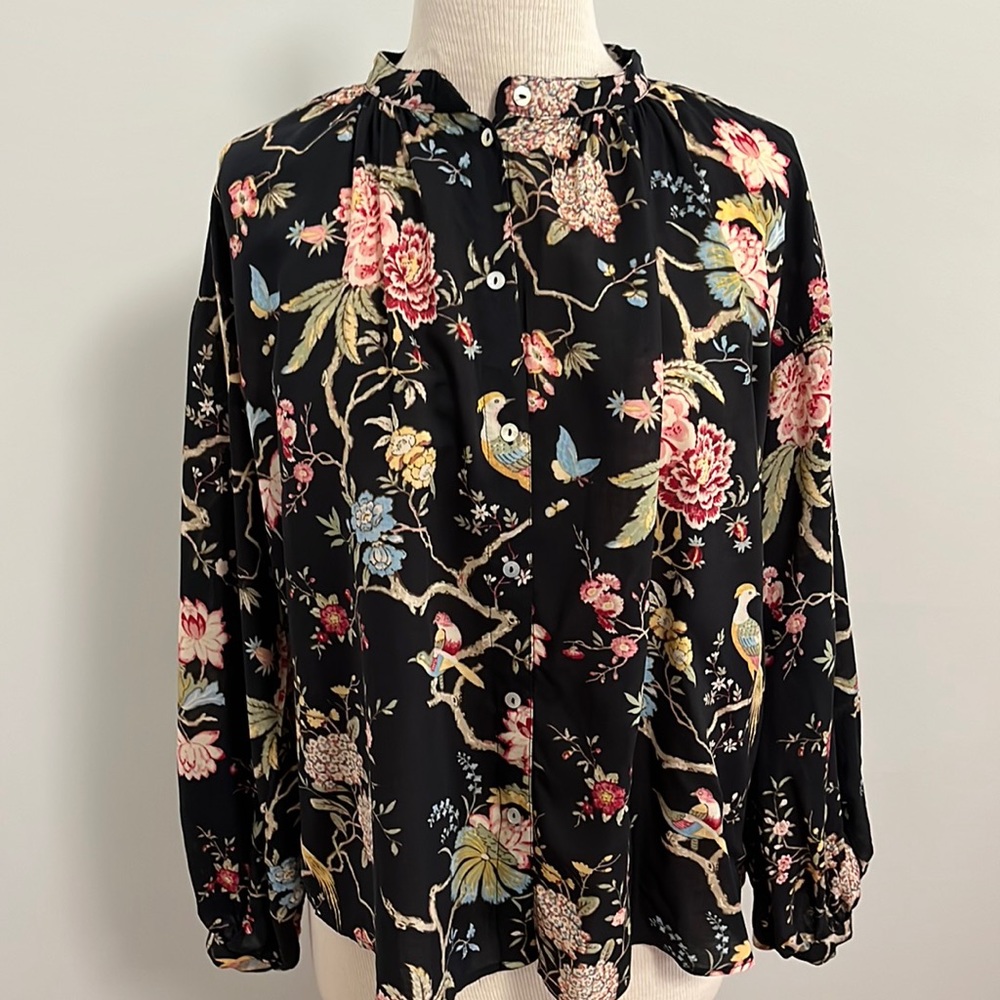 H&M X GP & J Baker Black Floral Bird Blouse